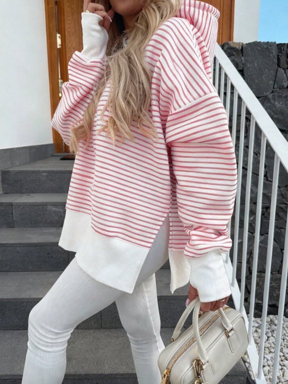 Pink Striped Women's Hooded Sweatshirt with Hem Slit and Finger Cuff Holes
